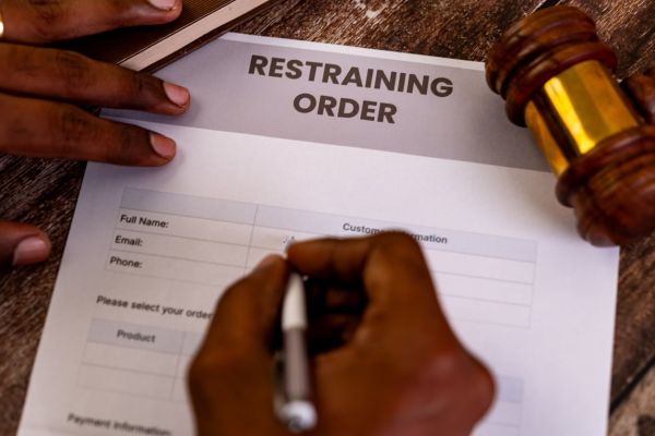 Person filling out a restraining order form with gavel nearby, legal protection concept.