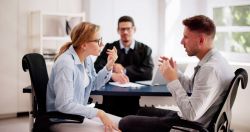 Young couple arguing in front of male judge, contemplating divorce